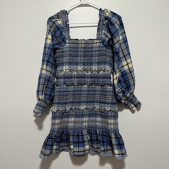 LoveShackFancy Stanley Smocked Plaid Dress in Blue Yellow Denim Skies Size Large - Picture 8 of 12